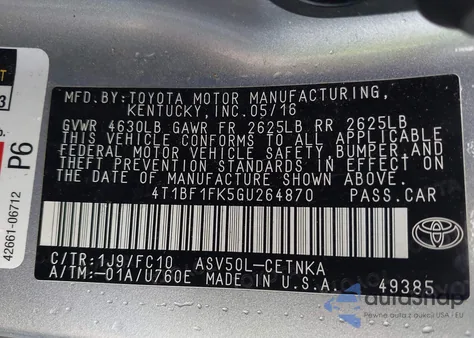 2016 Toyota Camry Le from USA, damaged, VIN 4T1BF1FK5GU264870